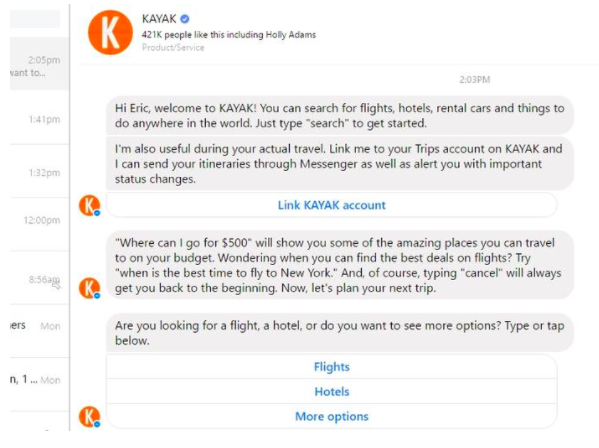 Kayak support messenger bot conversation