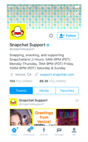 Snapchat support Twitter account