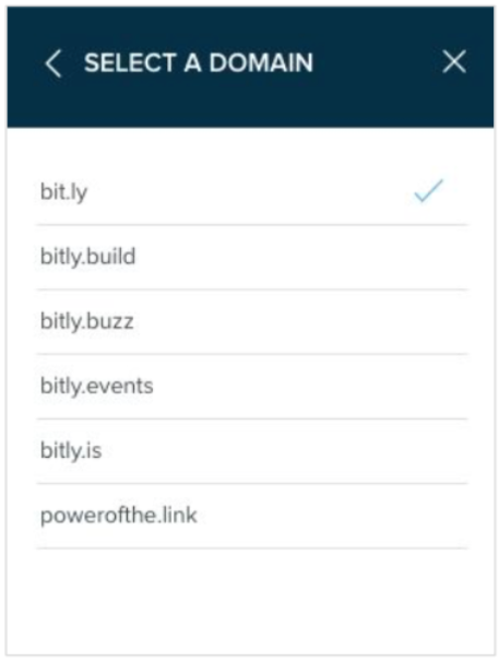 A screenshot of the custom domain dropdown menu in Bitly.