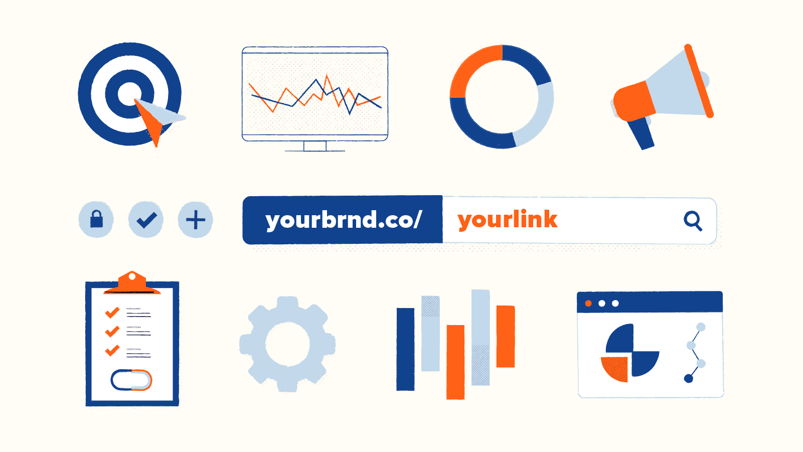 Business branded link collage with custom link, charts, settings, and more