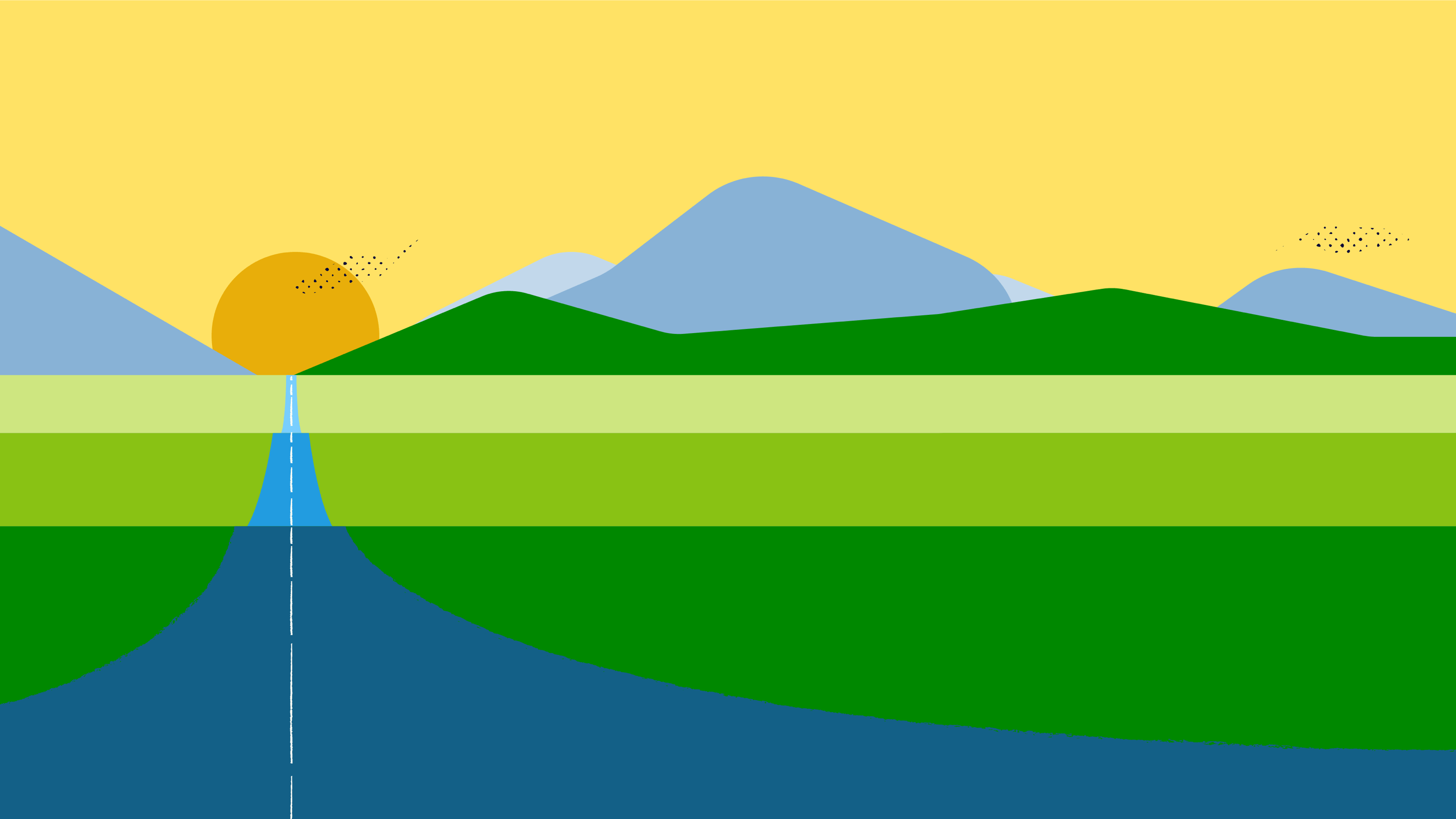 Illustration of a long road heading towards a sun setting next to green fields.