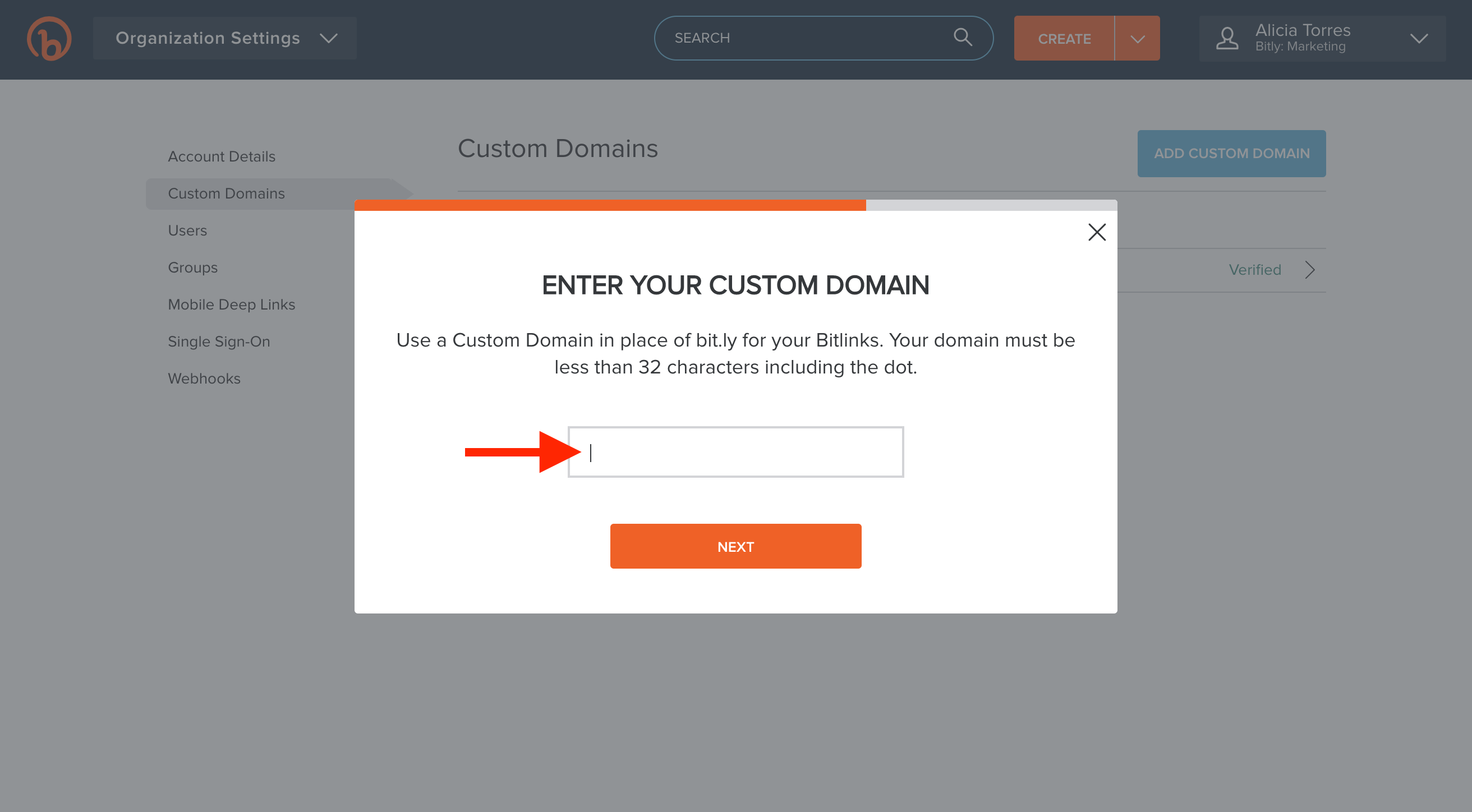 How to Add a Custom Domain in Bitly to create branded short links for SMS: Step 8