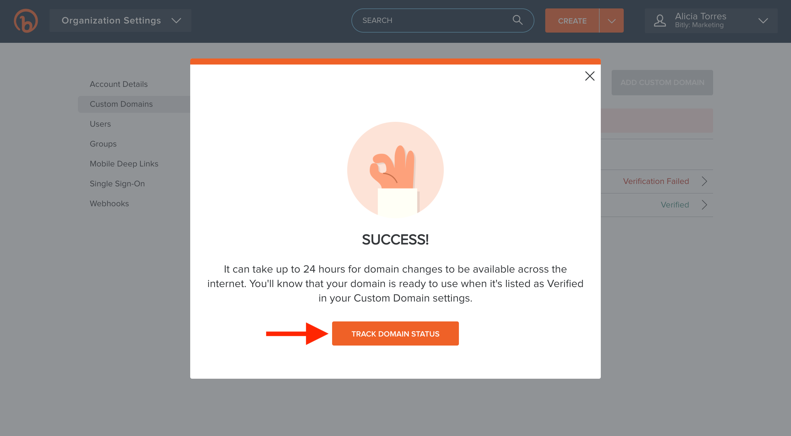 How to Add a Custom Domain in Bitly to create branded short links for SMS: Step 10