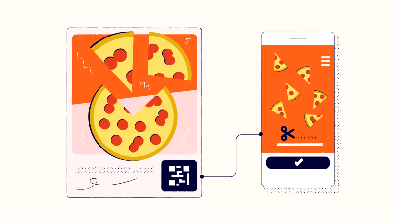 Cut up pizza next to a QR Code linked to a phone with pizza and a link on the screen
