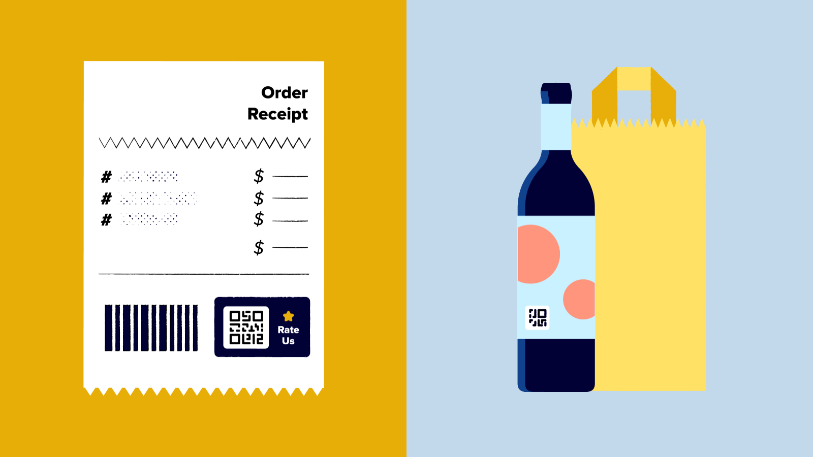 Order receipt with QR code for rating and wine bottle with QR code