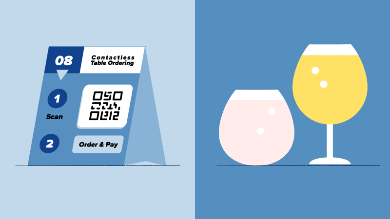 Contactless table ordering tent card with QR code and wine glasses illustration
