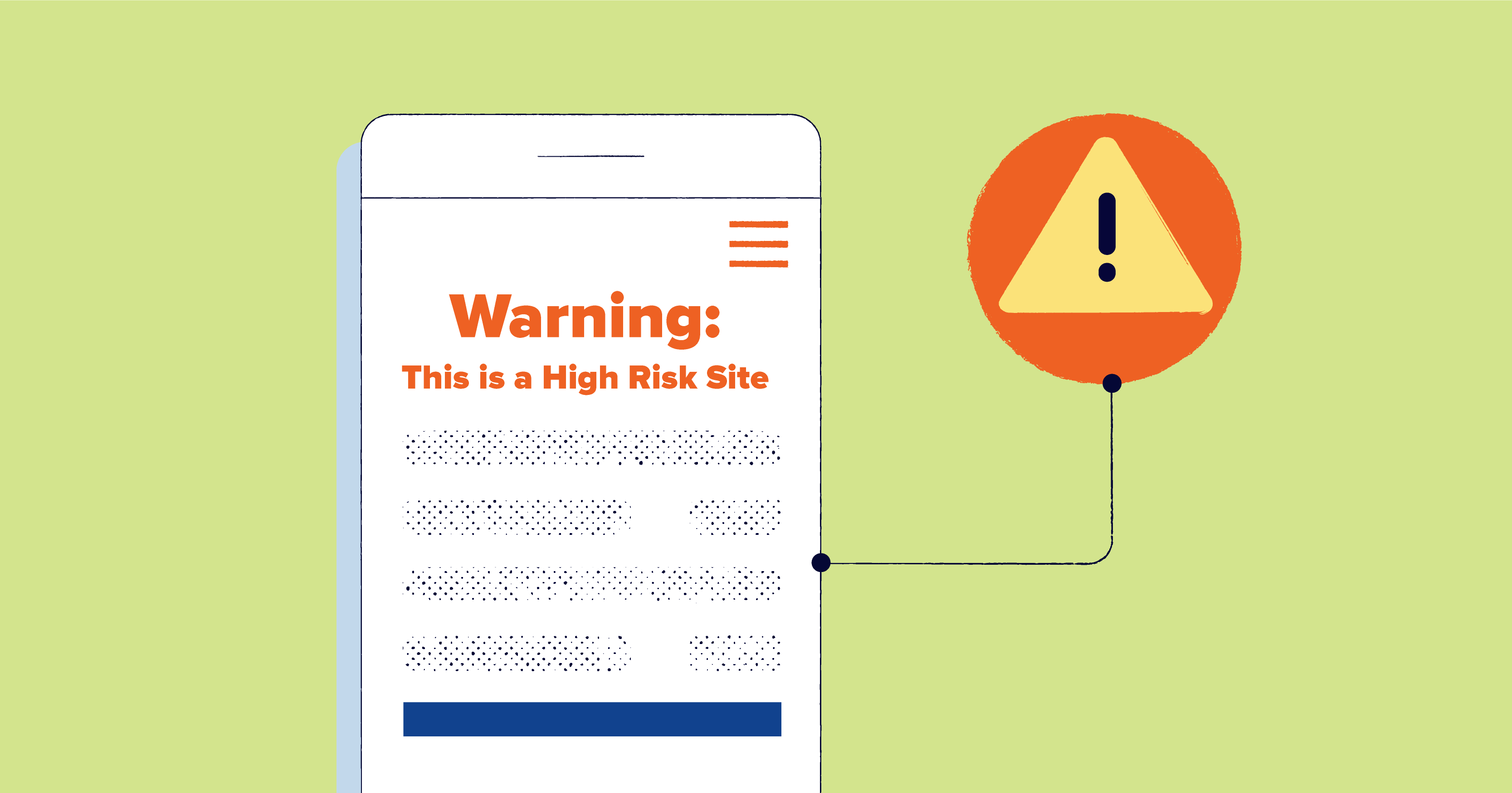 Mobile device with a warning of a High Risk Site and a caution symbol