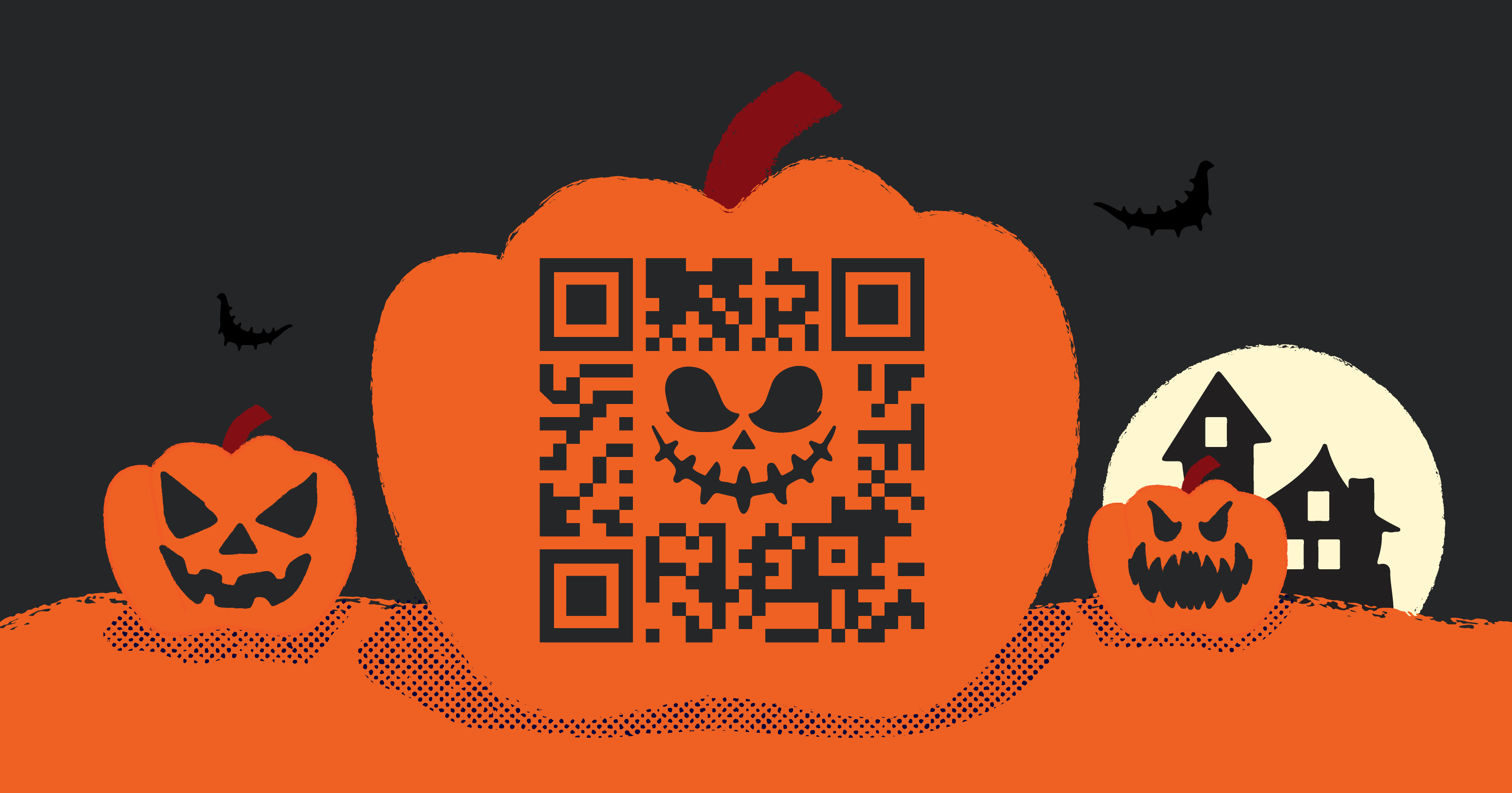 Jack-o'-lantern with QR code on it, jack-o'-lanterns and haunted house in background