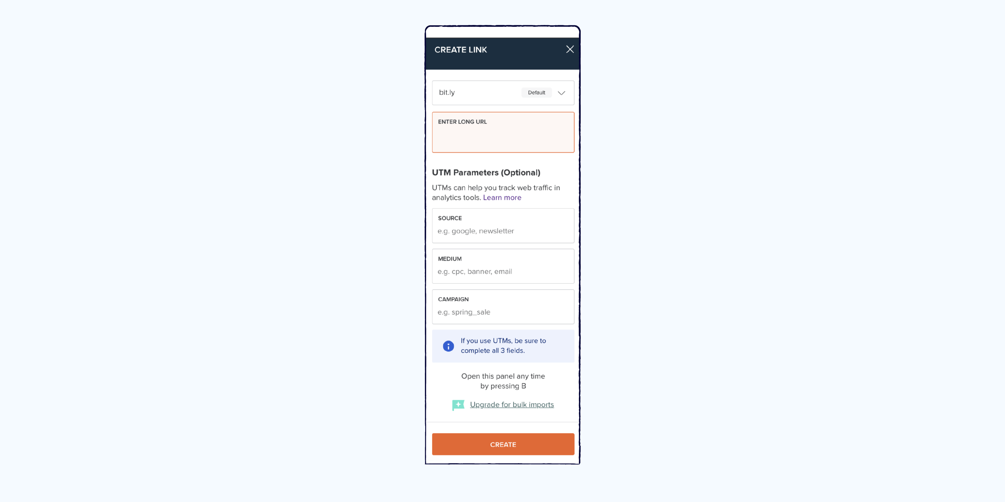 Create link interface with fields for adding UTM parameters