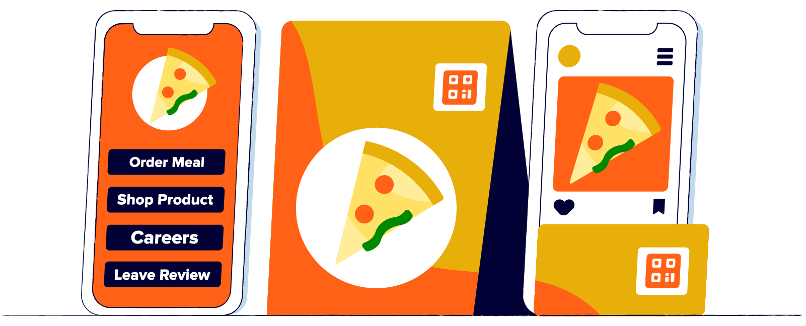 Phone showing a link in bio page, a sign with a QR Code, and app with a pizza on it.