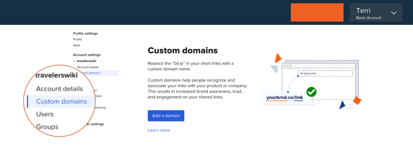 Custom domains menu item