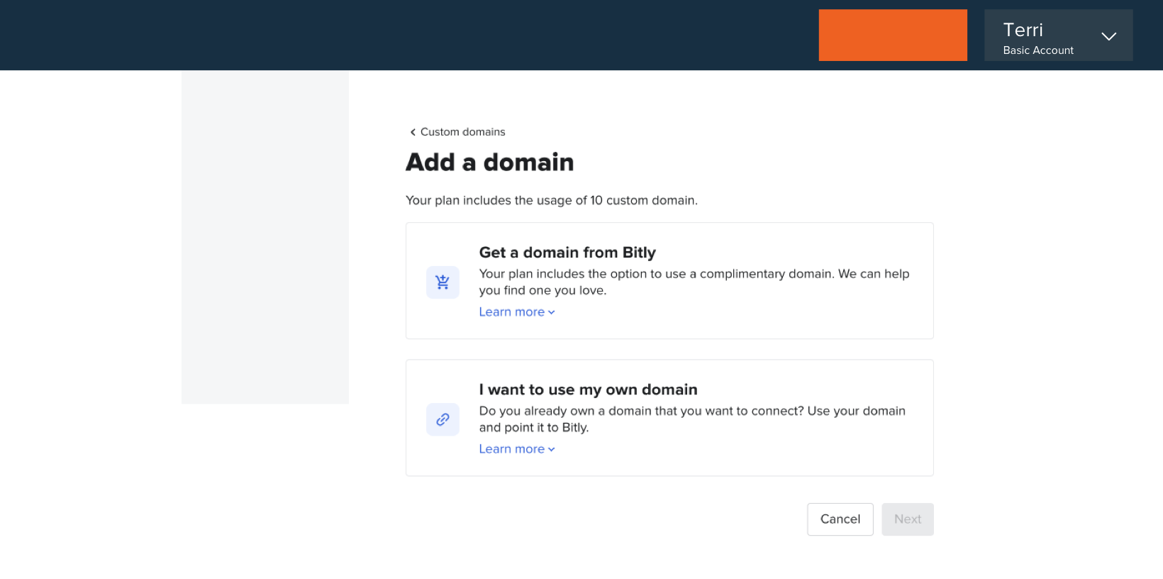 Add a domain section of Bitly account
