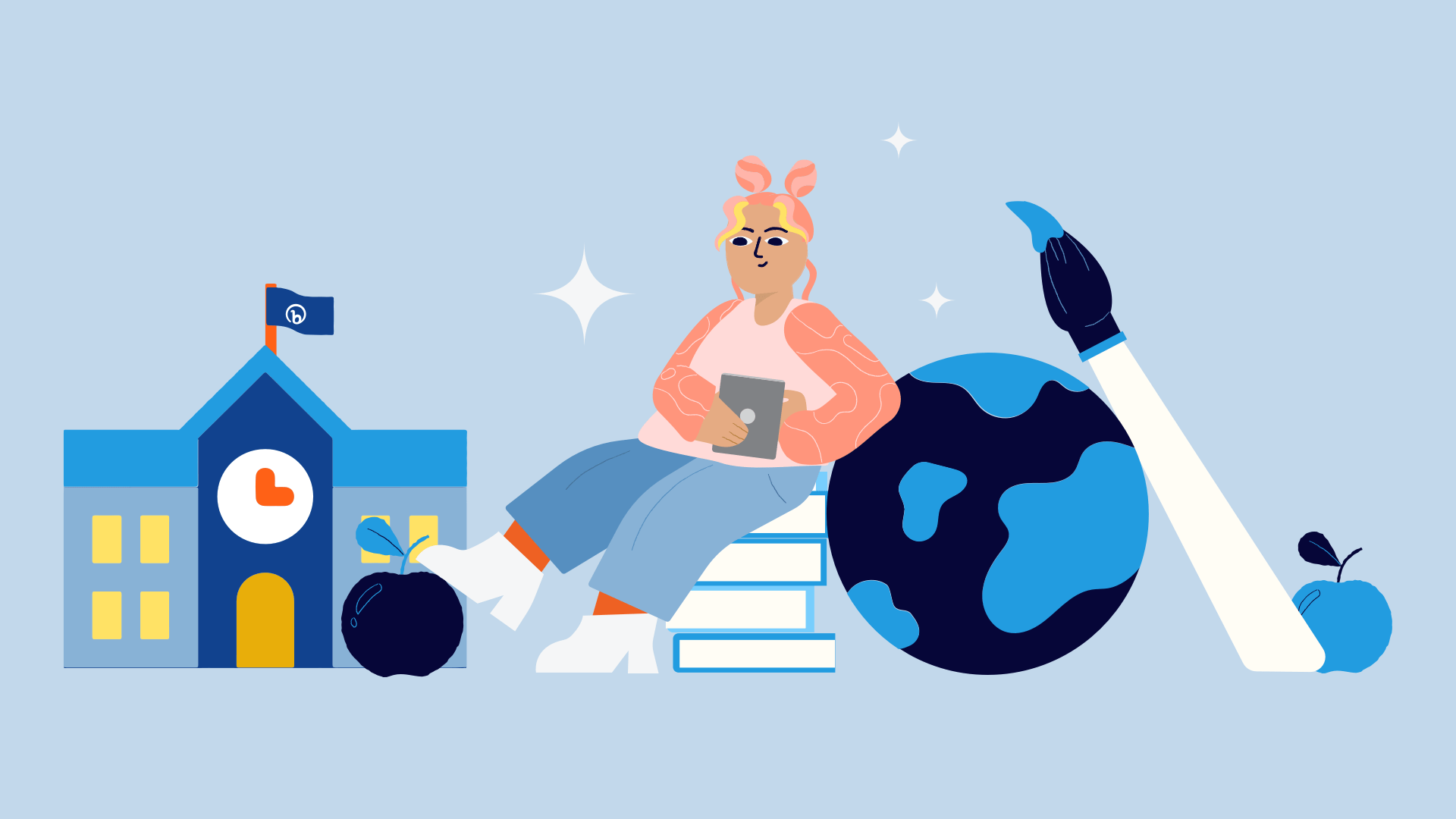 Illustration of a person on a university campus with an ipad.