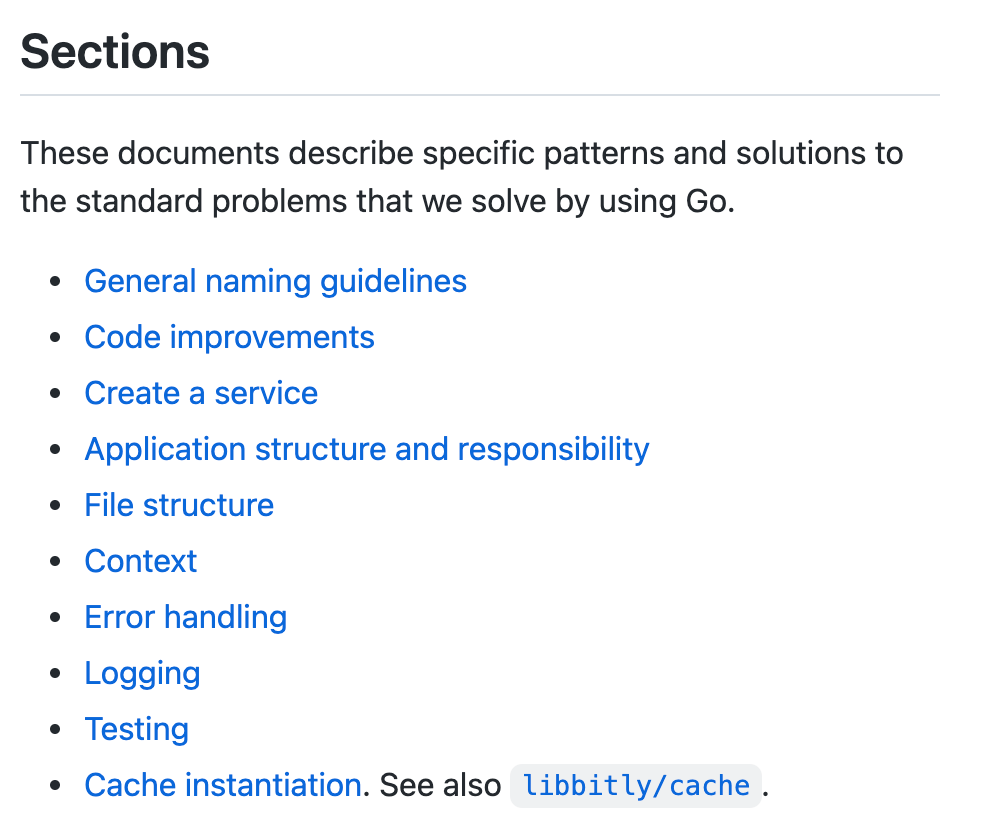 Example of the topics in our internal Go documentation