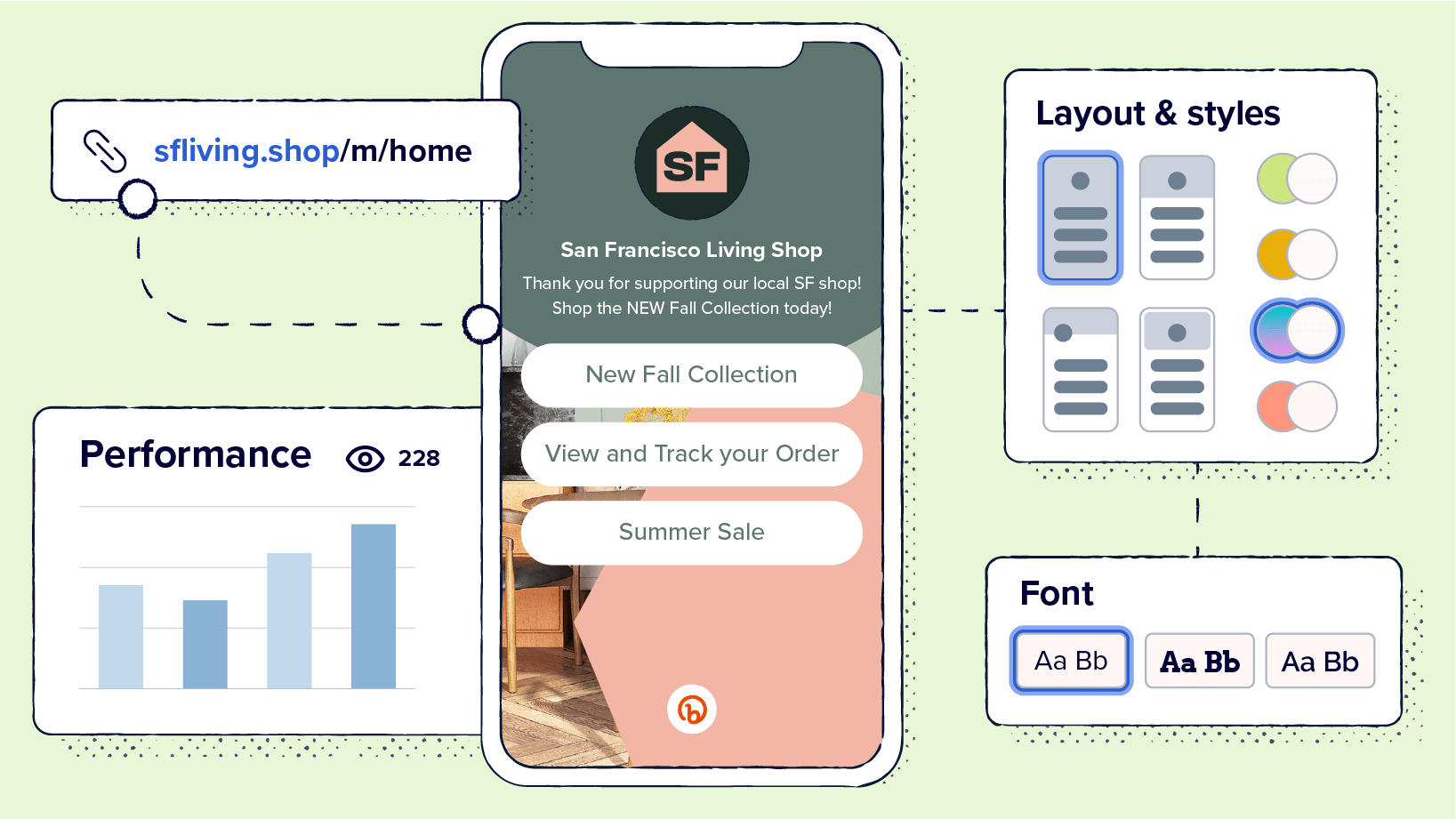 Graphic showing performance tracking and customization capabilities of Bitly Link-in-bio on a mobile phone.