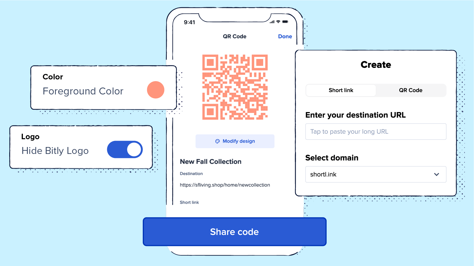 An orange QR Code on the Bitly mobile app showing that colors and logos can be customized, as well as creating codes and sharing codes.