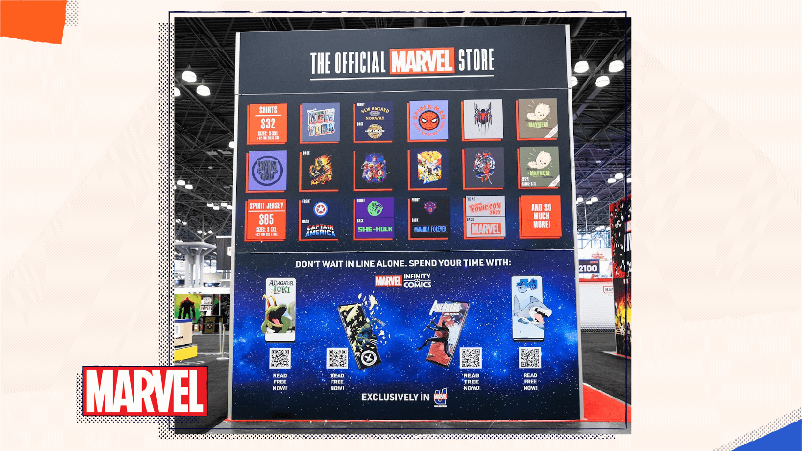 A large Marvel display at Comic-Con showing examples of merchandise that can be bought online by scanning the QR Codes.
