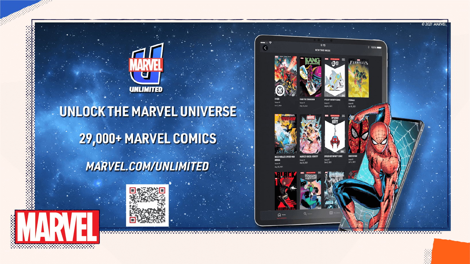 An advertisement depicting a tablet and a QR Code that can be scanned to be taken to the Marvel Unlimited comic book website.