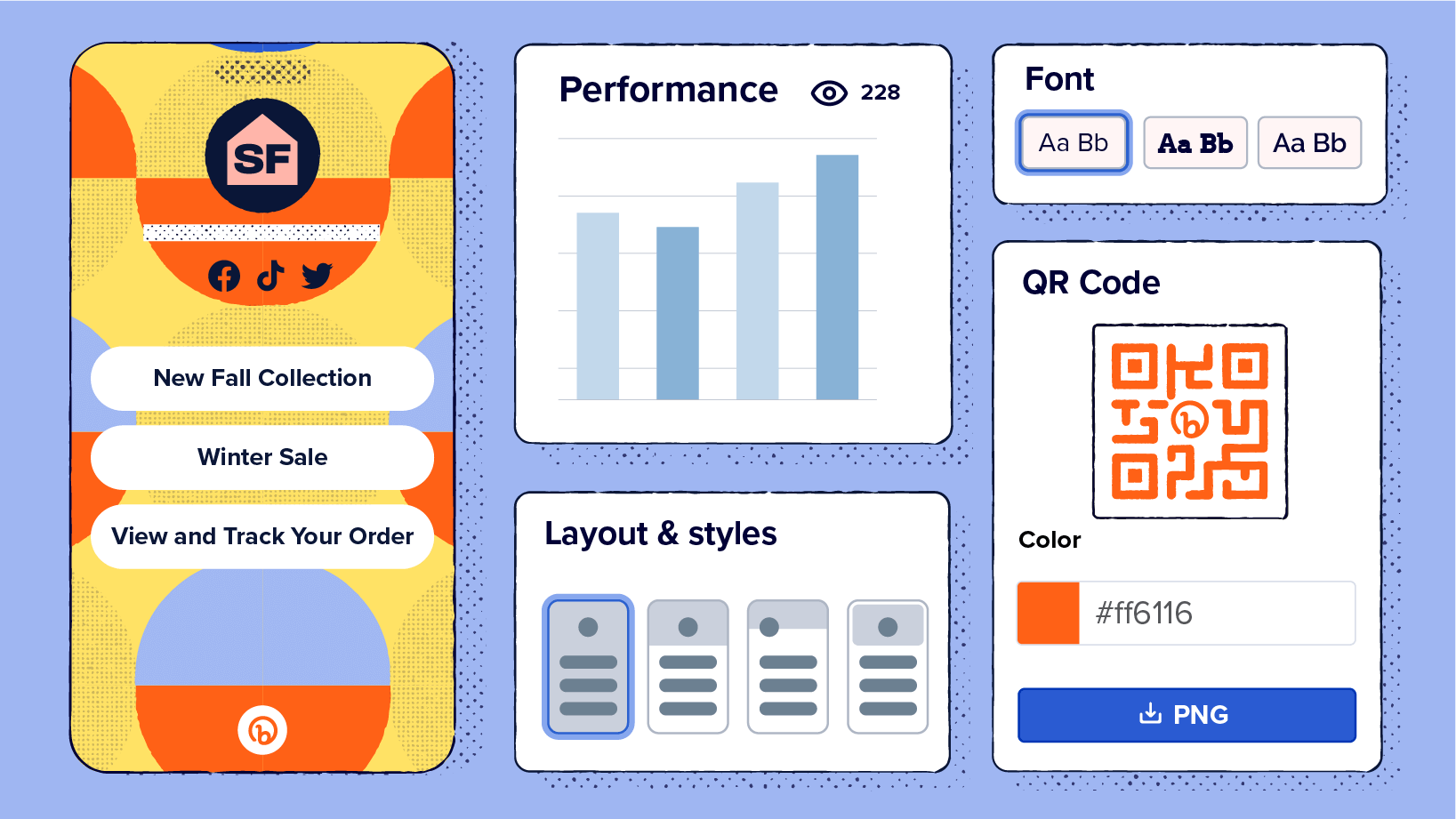 A showcase of Bitly Link-in-bio's capabilities, featuring an example layout, performance metrics, layout and styles options, font options, and QR Code customization.