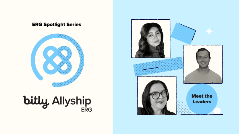 The Bitly Allyship ERG logo and the faces of the three leaders