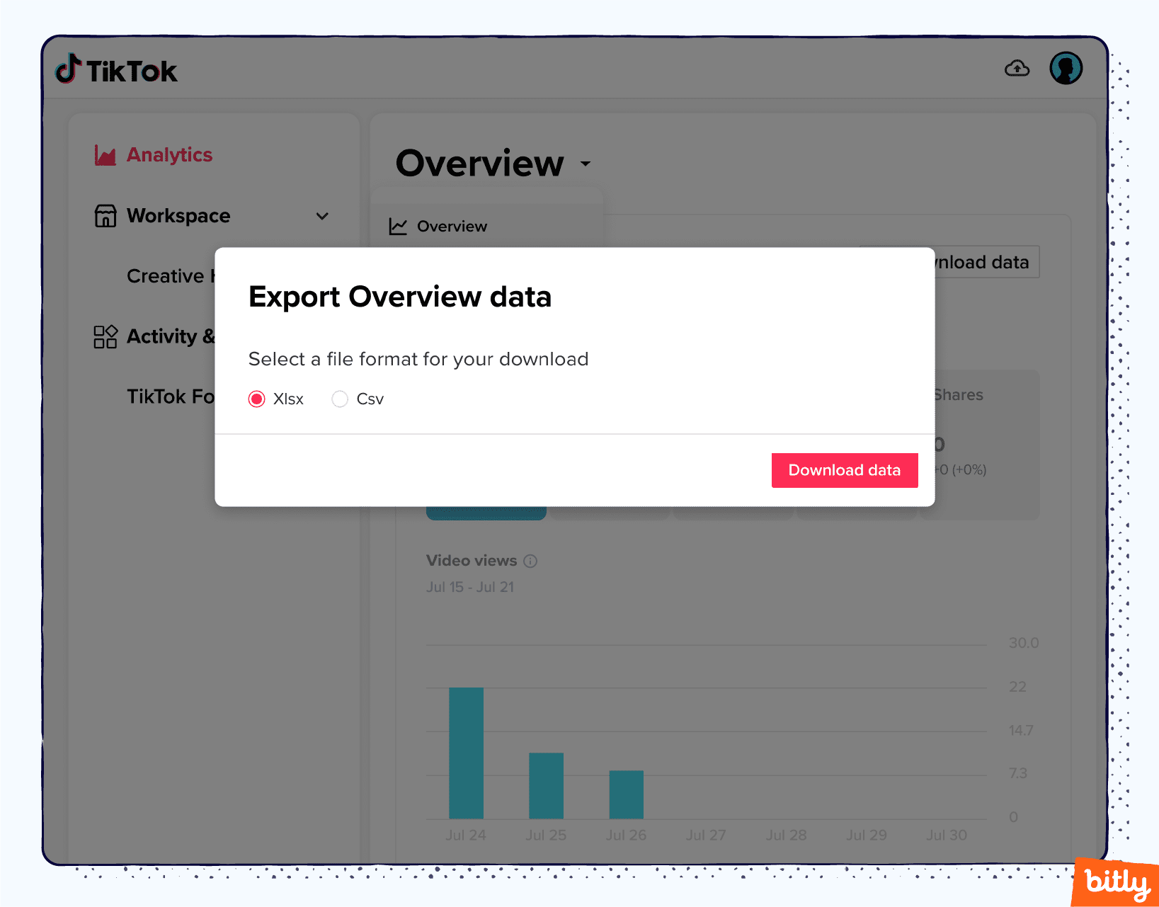 A popup window on a TikTok analytics page asking the user to select a file format for downloading data.