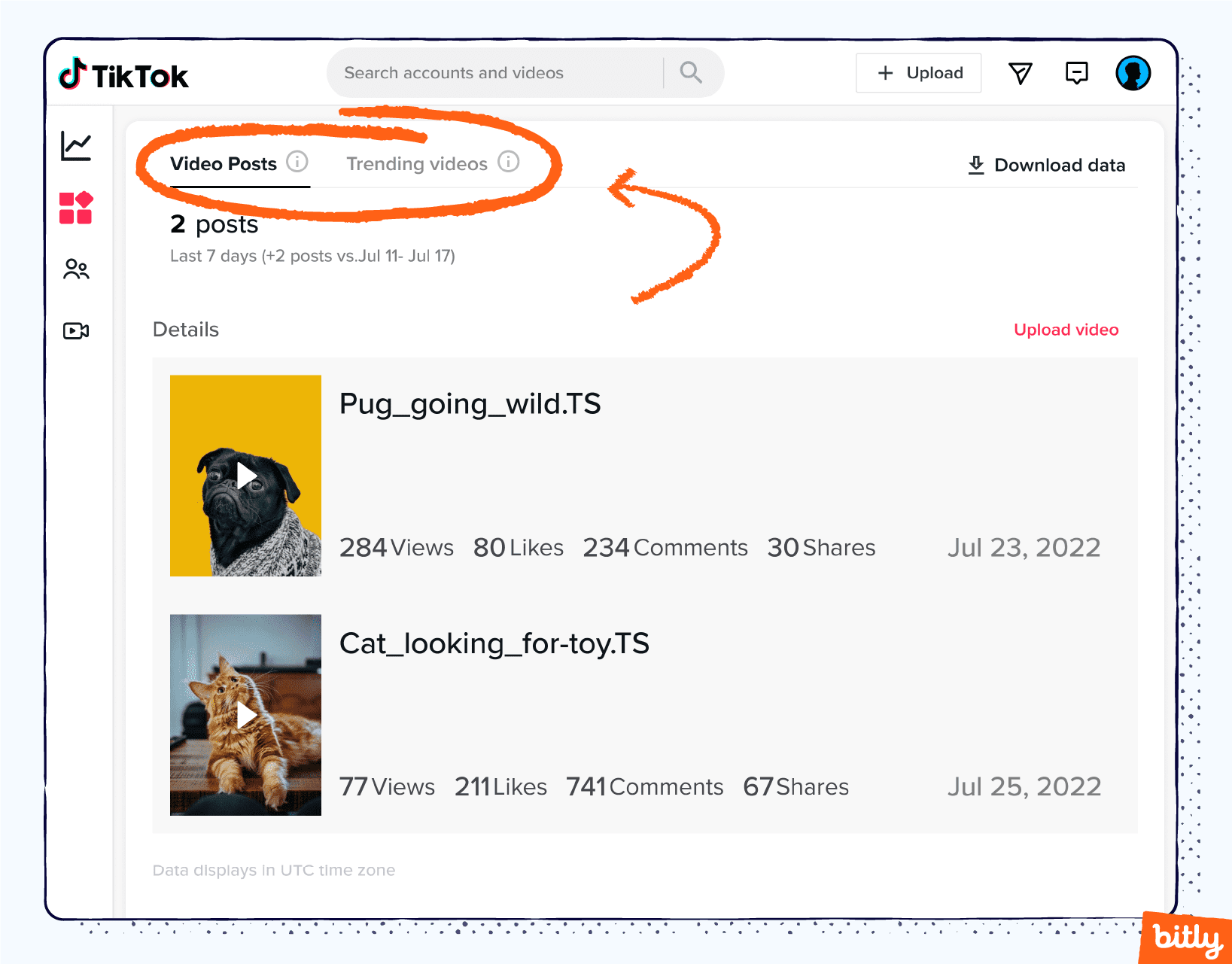 A list of a user's TikTok posts with an orange arrow pointing to the circled menus for video posts and trending videos.