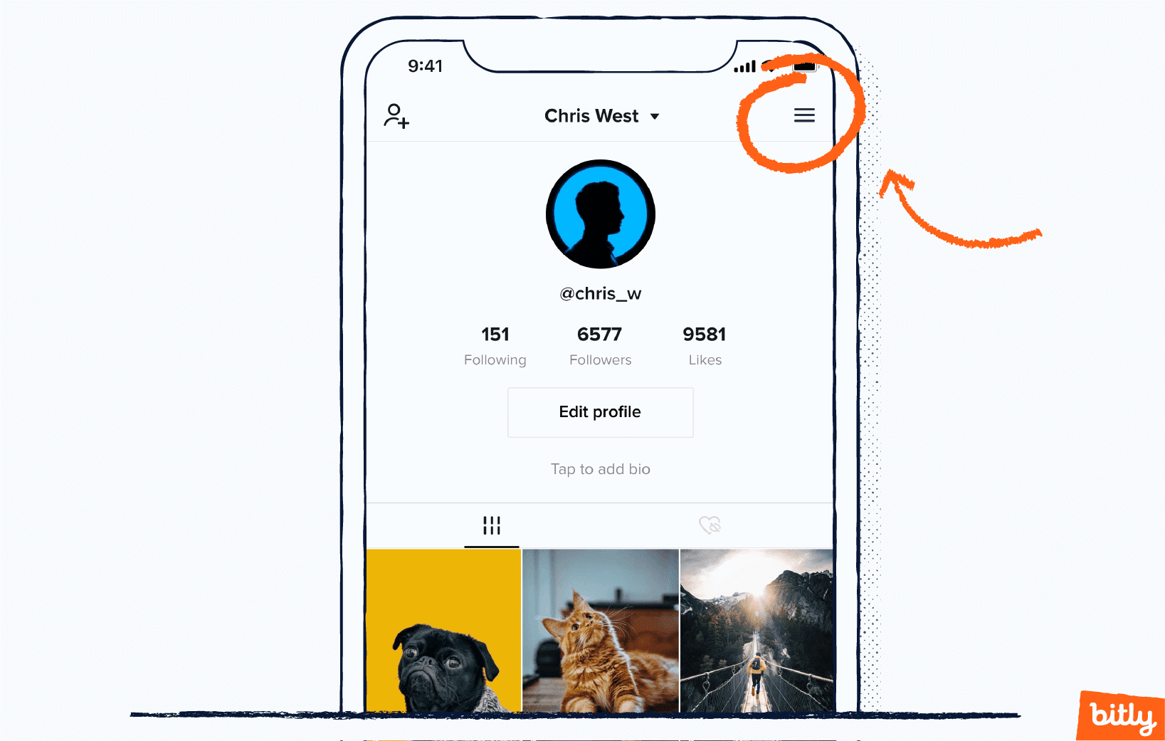 An orange arrow pointing to a circled hamburger menu on a TikTok profile.