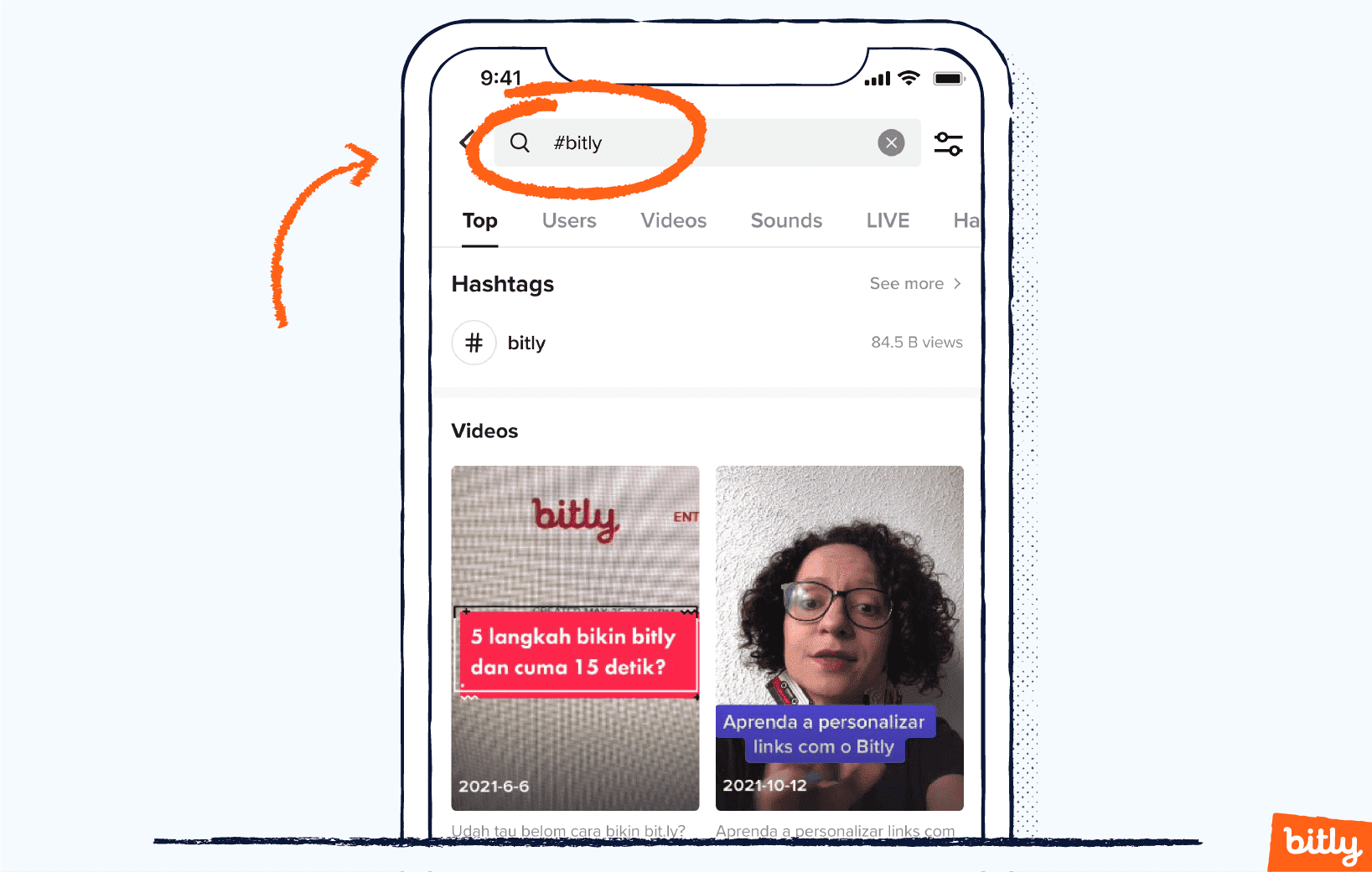 An orange arrow pointing to TikTok's search bar with the words #bitly circled.