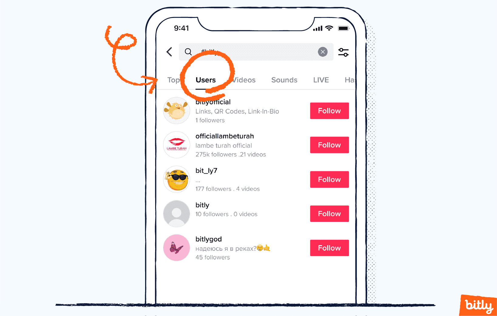 An orange arrow pointing to the user menu on TikTok on a phone.