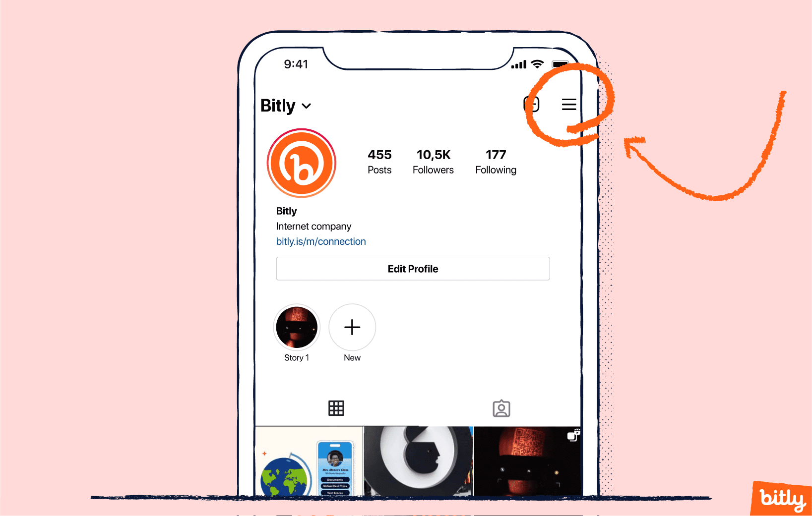 Bitly's Instagram profile on a mobile phone with the hamburger menu circled and an arrow pointing at it.