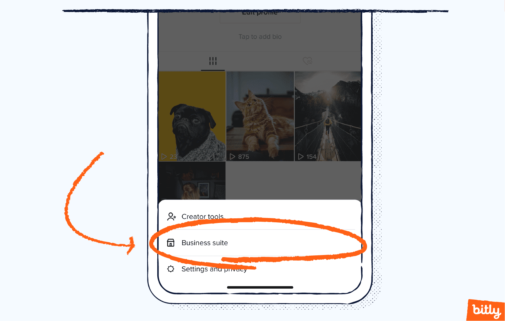 An orange arrow pointing to the words business suite circled on a TikTok account.