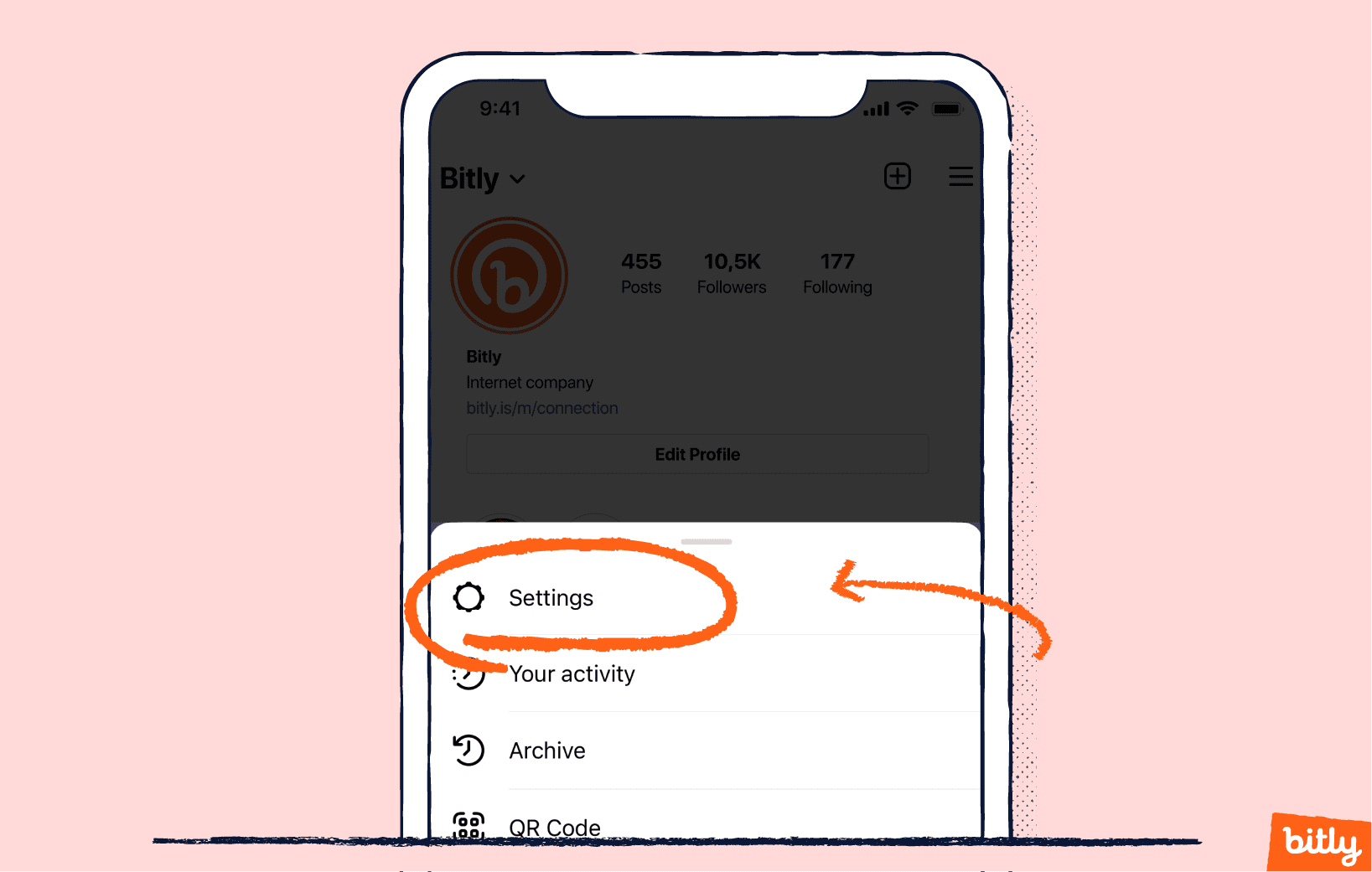 An orange arrow pointing to the circled word settings on a mobile phone.