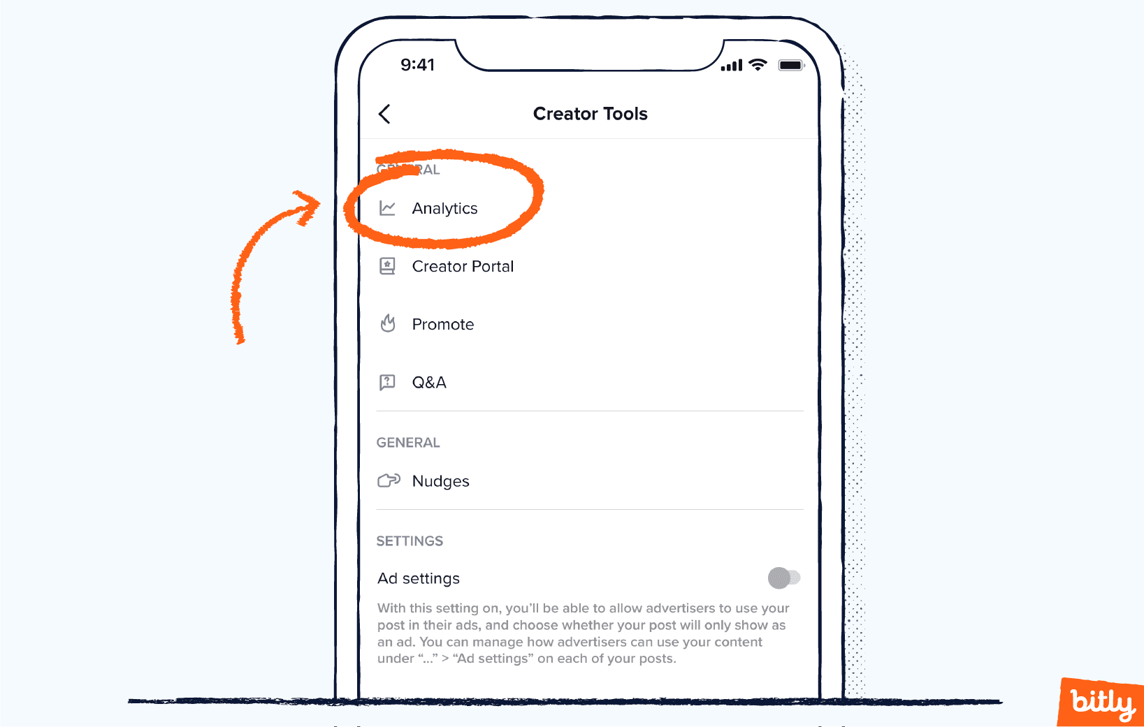 An orange arrow pointing to the word analytics circled in the creater tools menu of a TikTok account.