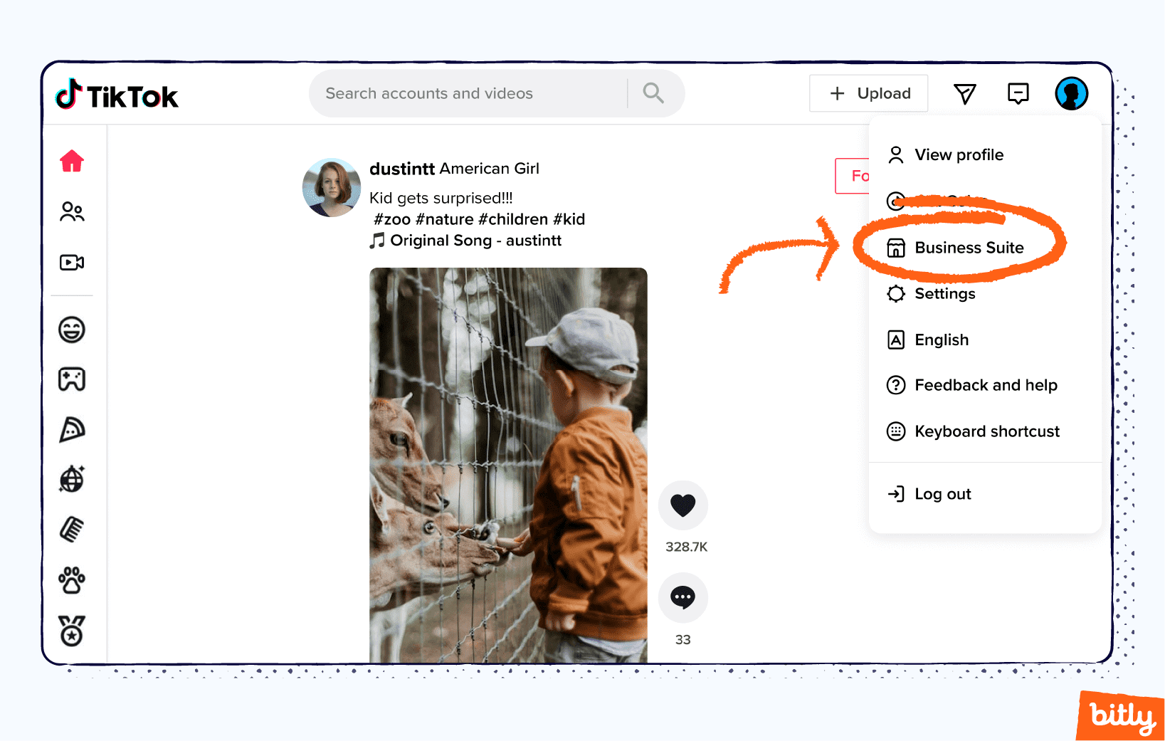 An orange arrow pointing to the circled words business suite on the desktop version of a TikTok account.
