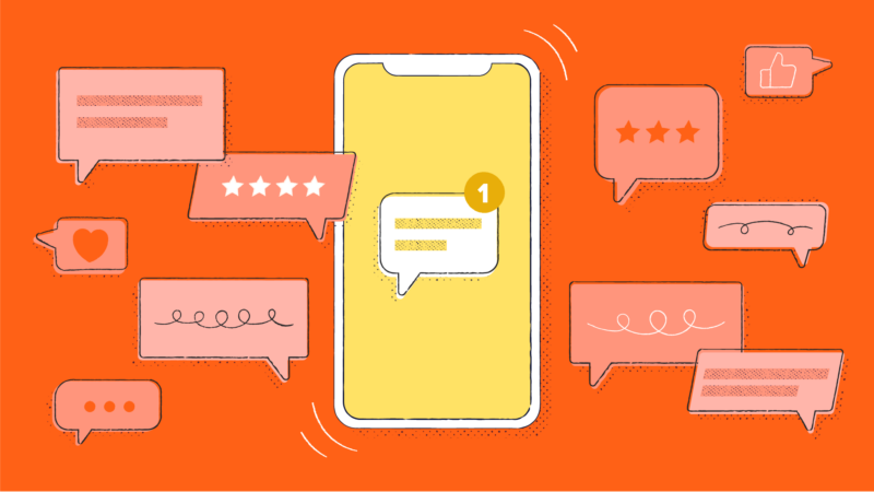 A smartphone surrounded by chat bubbles on an orange background.