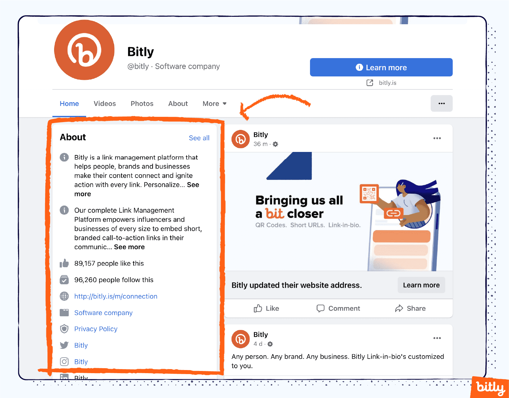 The About section is circled on the Bitly Facebook page showing off a Bitly Link-in-bio.
