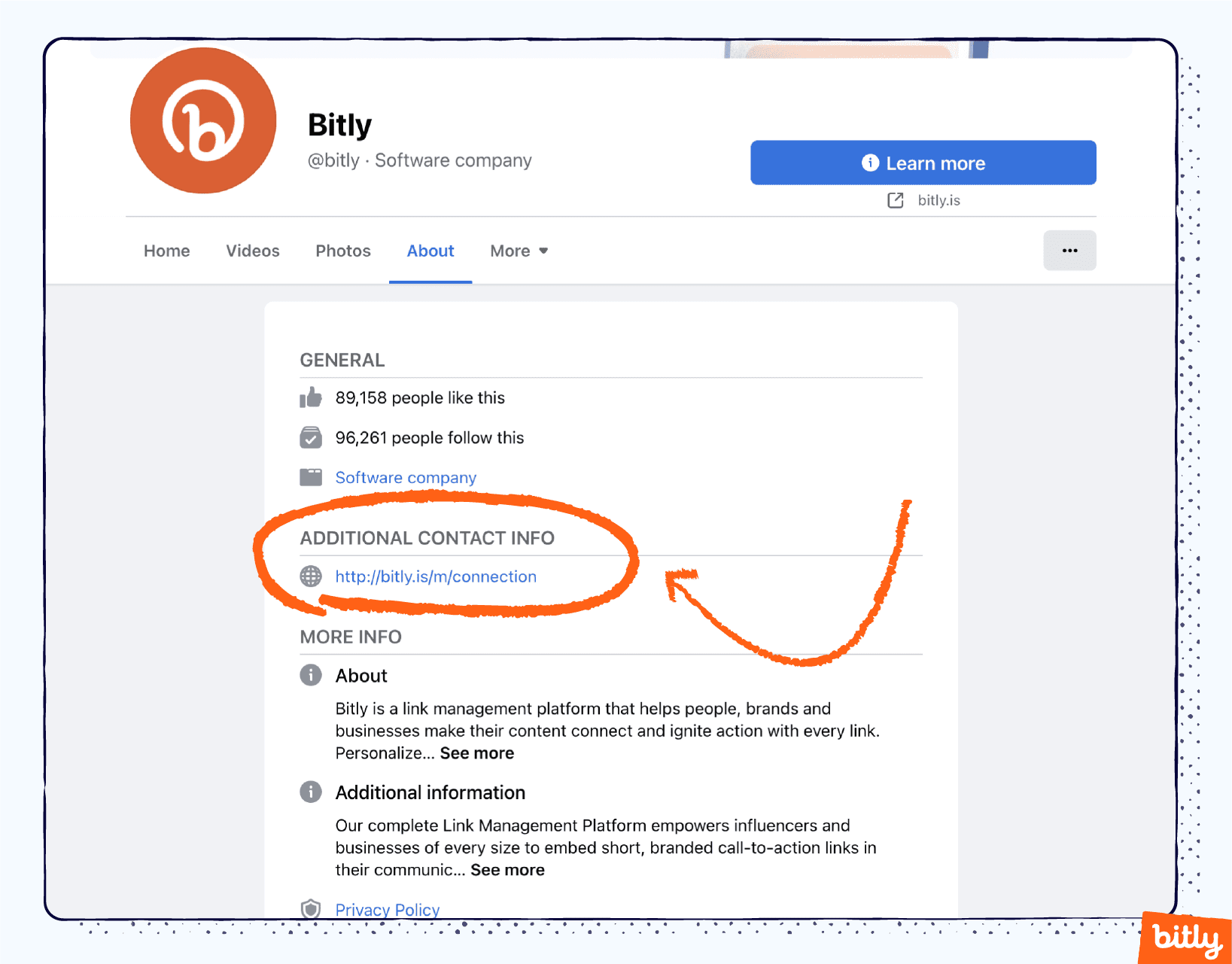 Bitly Link-in-bio circled on the About section of Bitly's Facebook page.