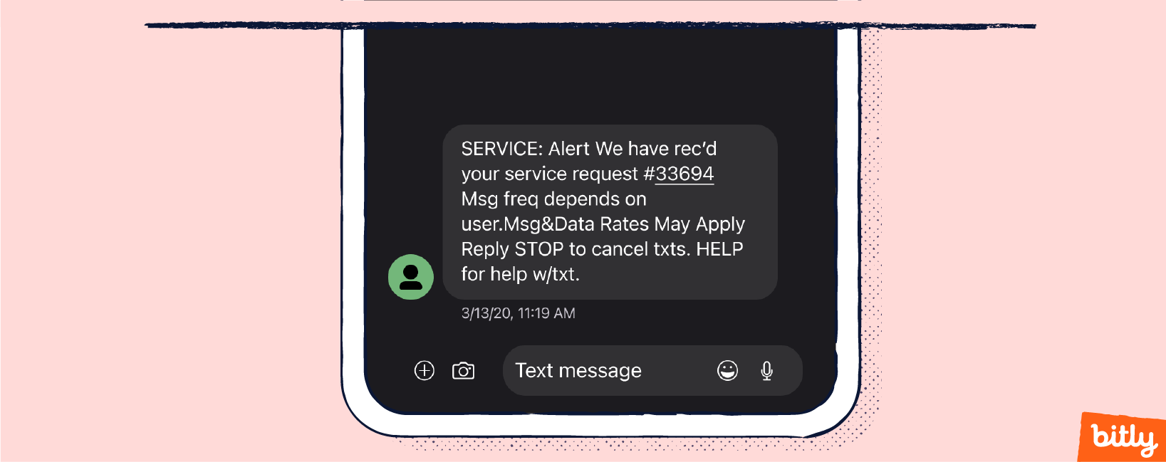 An SMS on a smartphone confirming a service request.