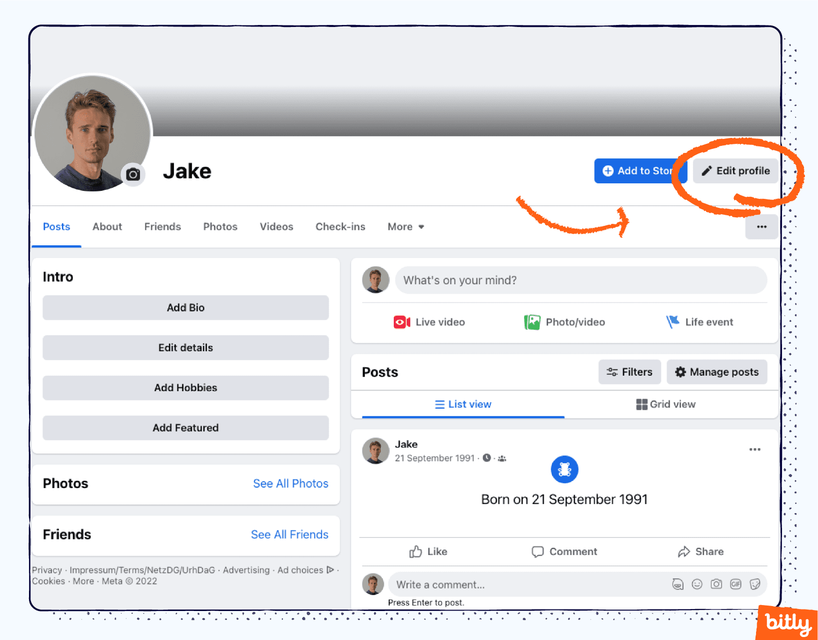An orange arrow pointing to the Edit profile button of a Facebook user on the desktop version of Facebook.
