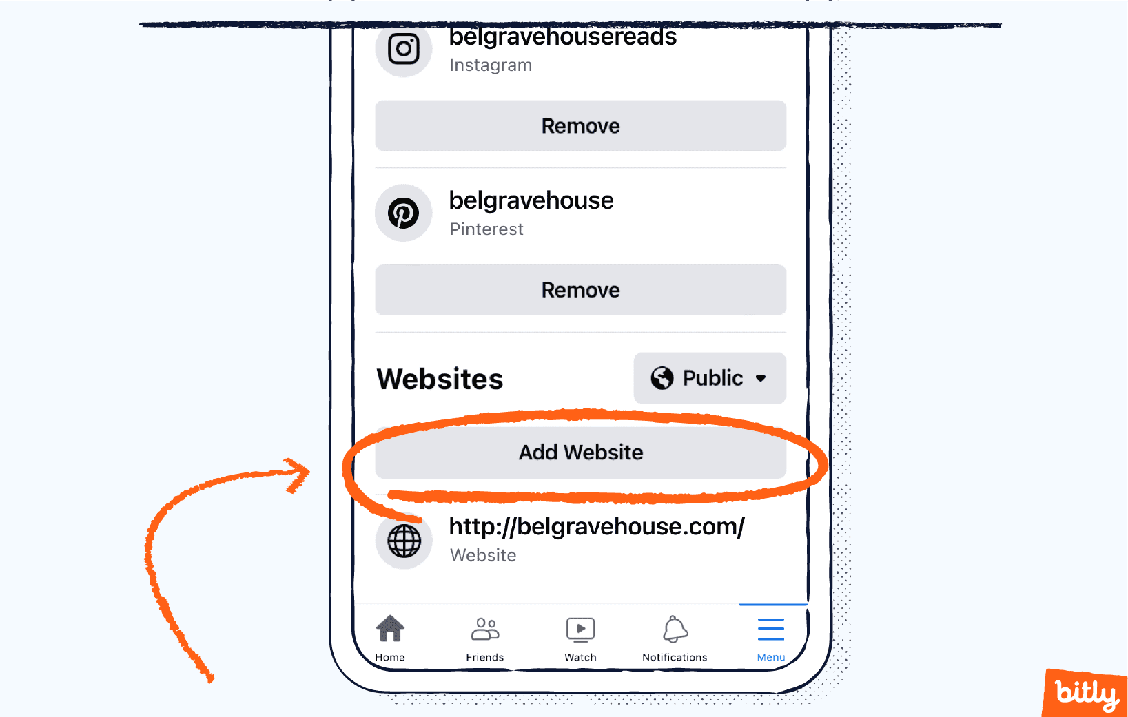 An orange arrow pointing to an Add Website button on a Facebook account on a mobile phone.