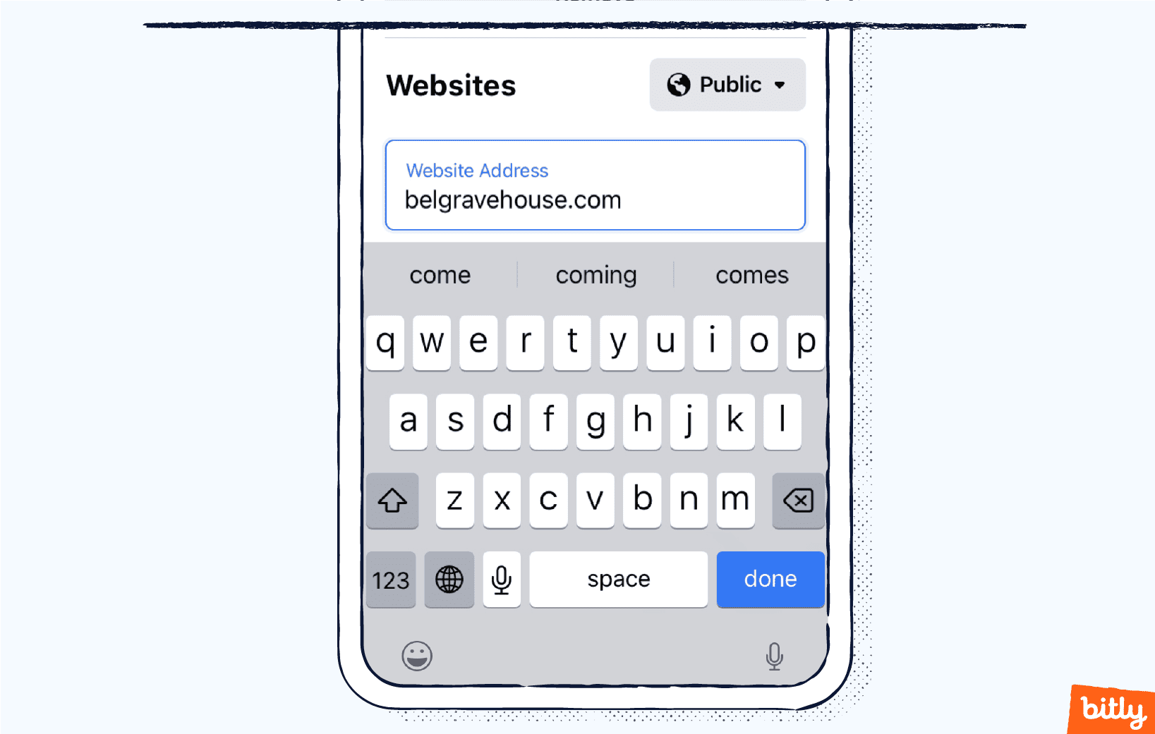 A smartphone's keyboard with "belgravehouse.com" typed into a Website address field.