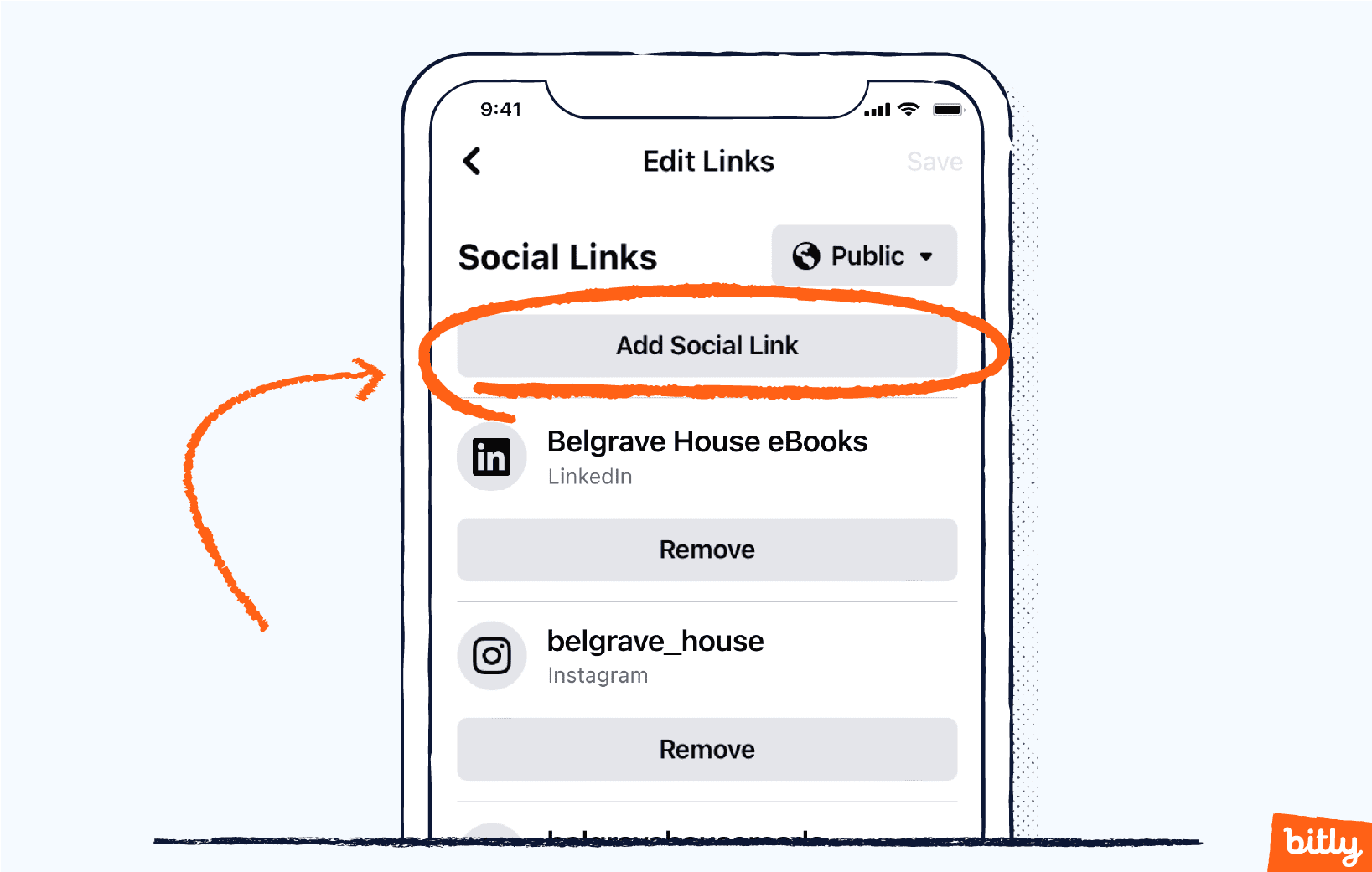 An orange arrow pointing to an Add Social Link button on a smartphone.