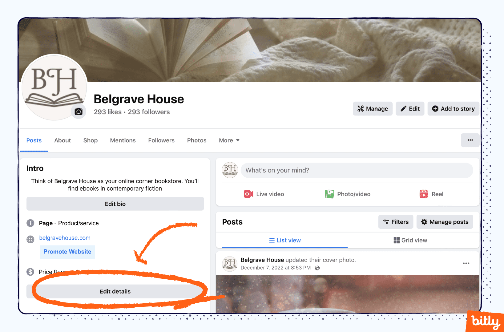 An orange arrow pointing to an Edit details button on the desktop version of Facebook.