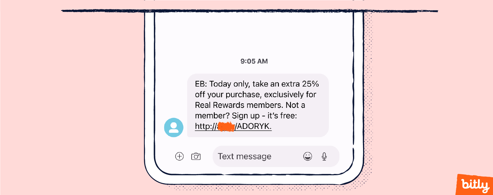 An SMS on a smartphone asking the receiver to sign up for a sale.