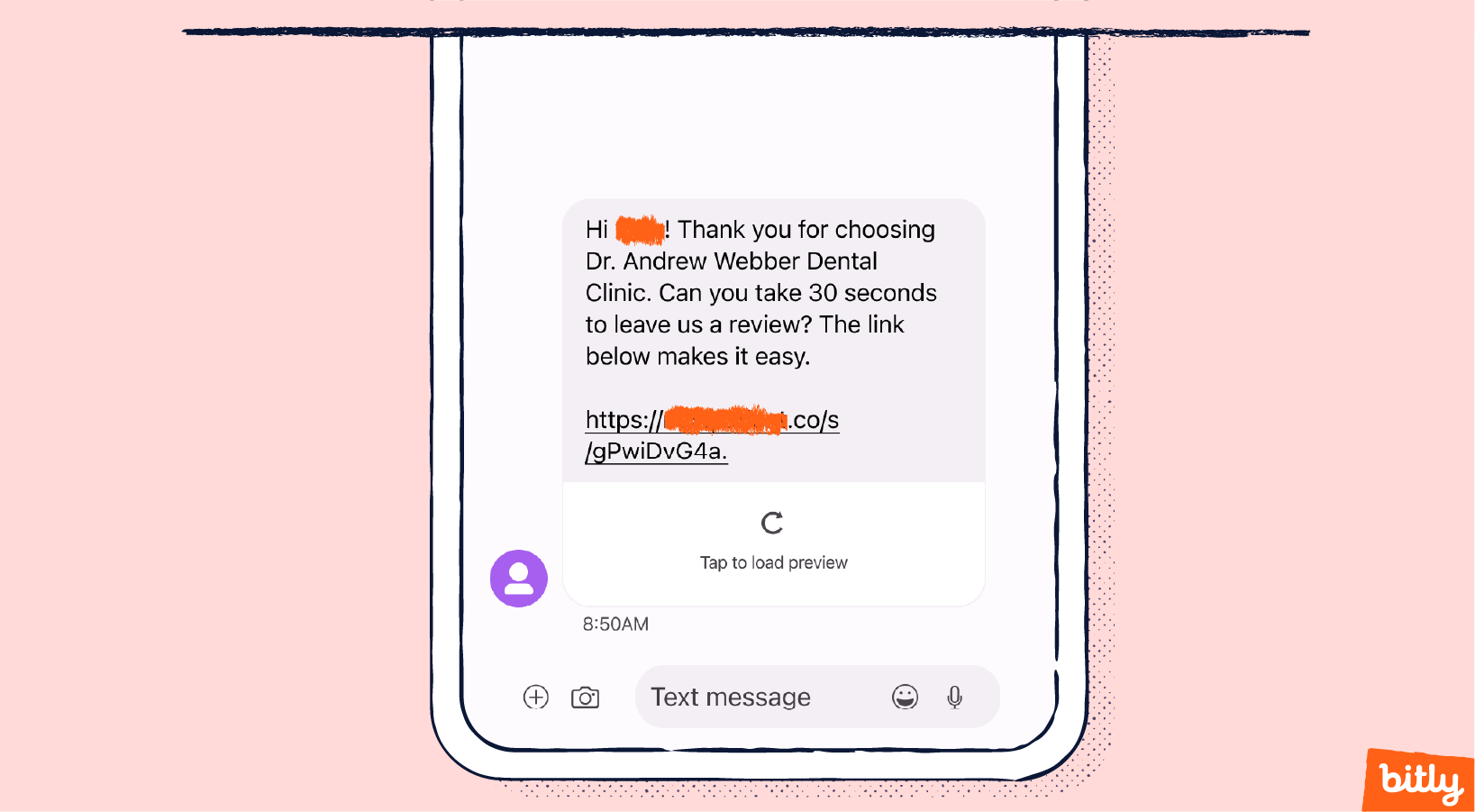 An SMS on a smartphone asking a patient to review their experience at a dental clinic.