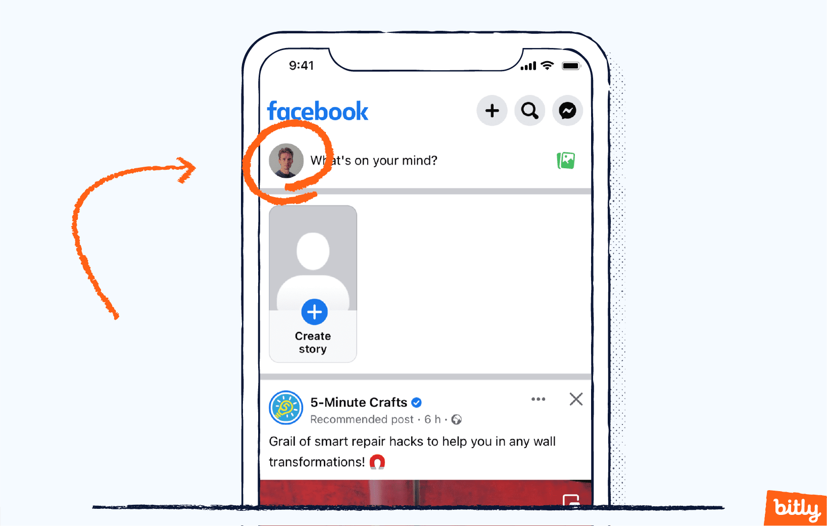 An orange arrow pointing at the profile icon of a Facebook user on a smartphone.