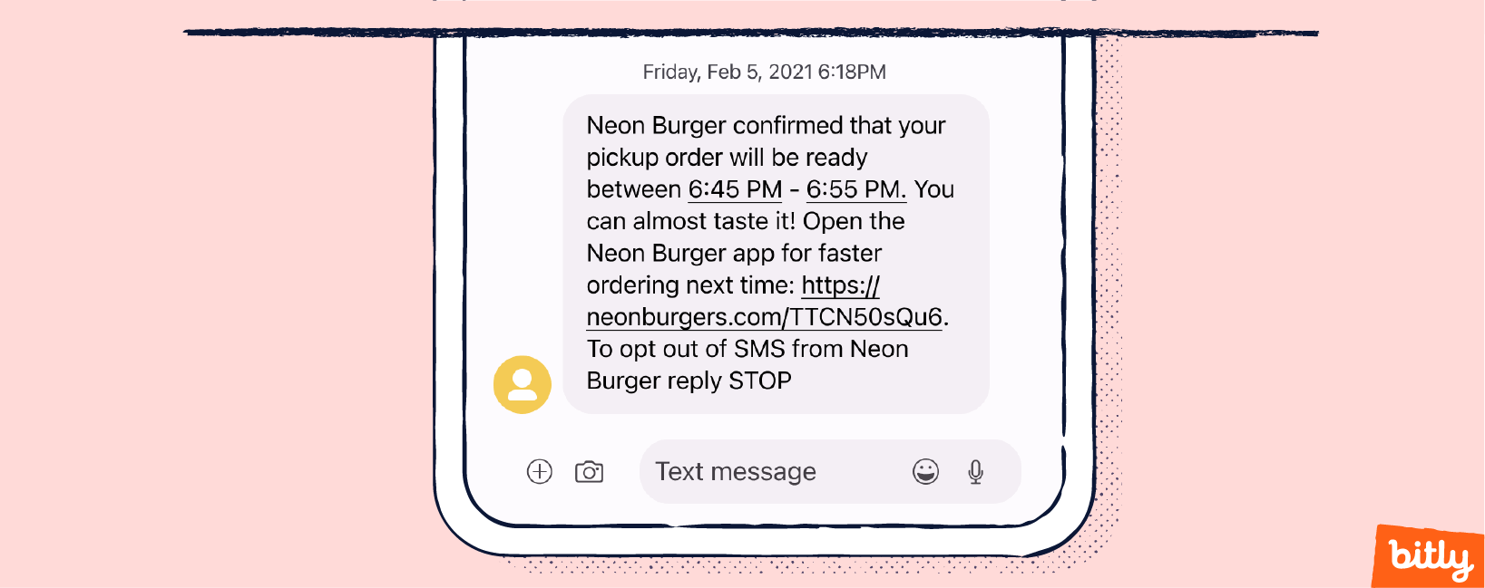 An SMS on a smartphone from a burger restaurant alerting a customer of their order pickup time.