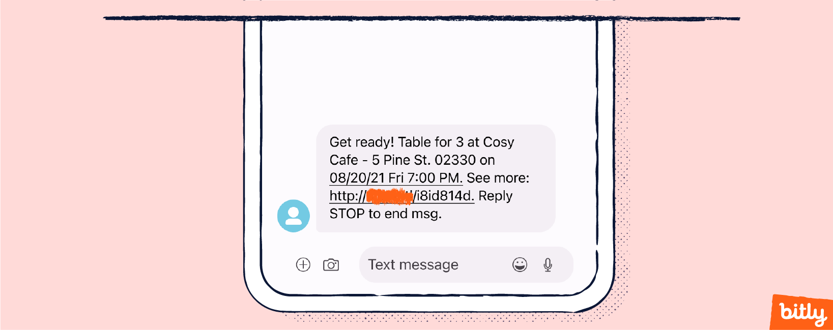 An SMS on a smartphone confirming a reservation at a restaurant.