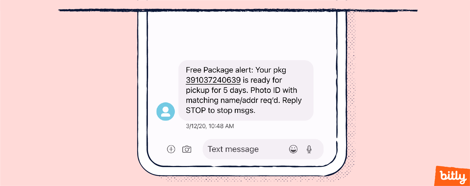 An SMS on a smartphone informing a customer when their package can be picked up.