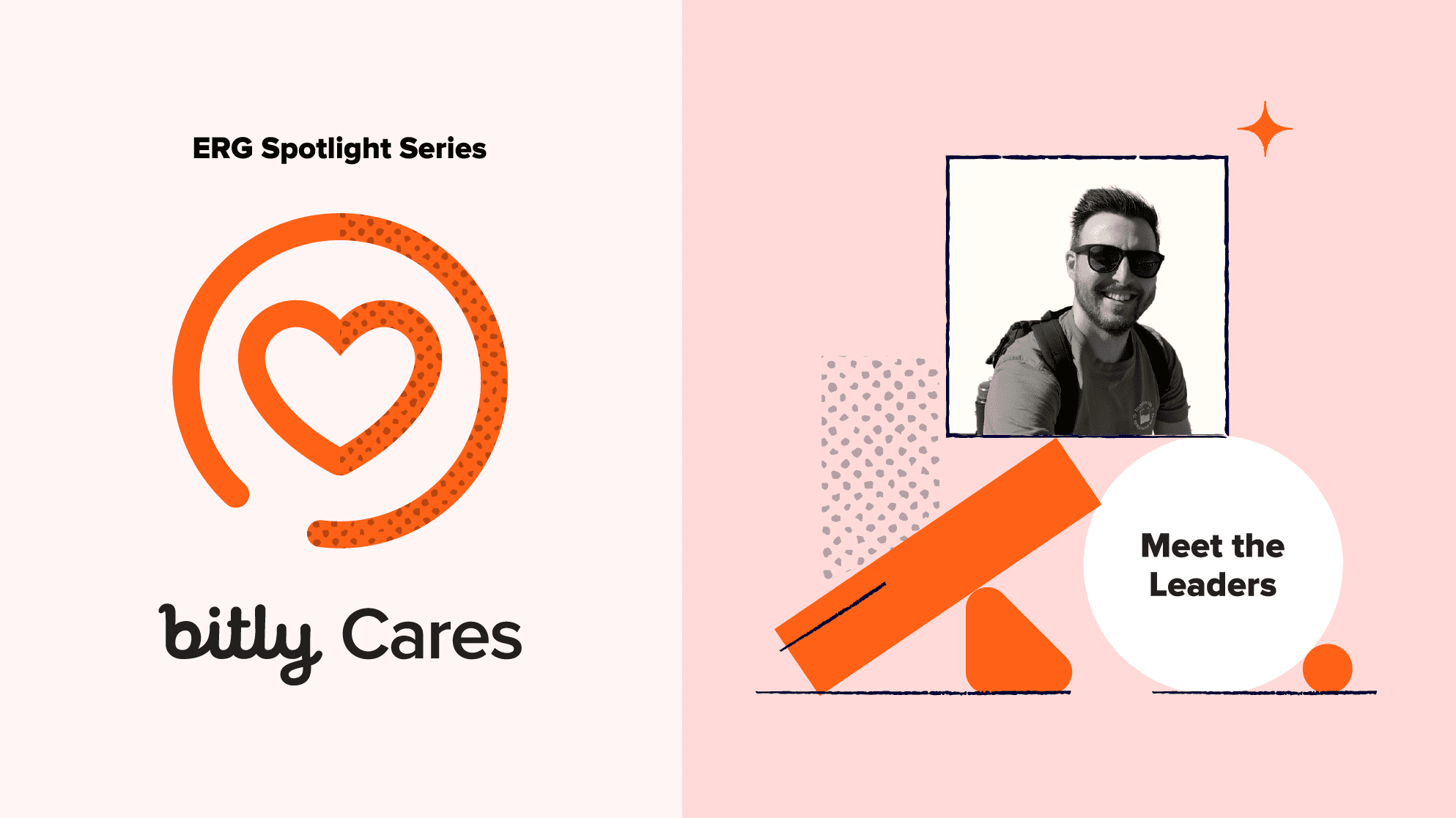 The BitlyCares logo on a pink background and a photo of a man in black and white.